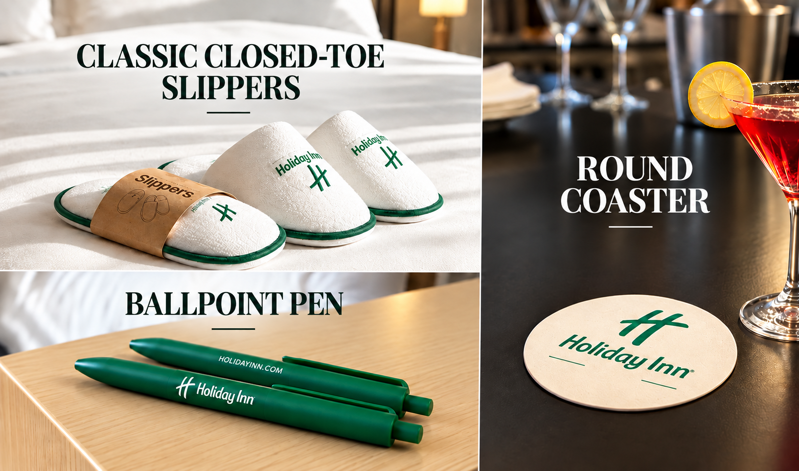 Classic closed-toe slippers, ballpoint pen and round Holiday Inn coaster.