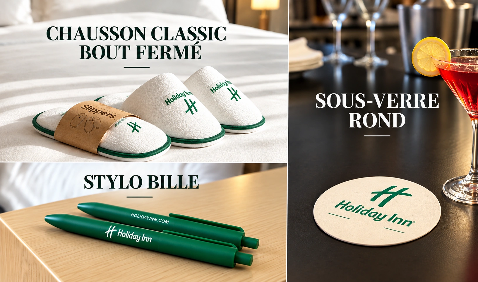 Chausson Classic bout fermé, stylo bille et sous-verre rond Holiday Inn.